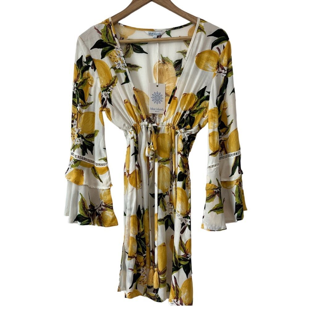 NWT Blue Island Lemon Print Bell Sleeve Swimsuit Coverup Dress Size Small